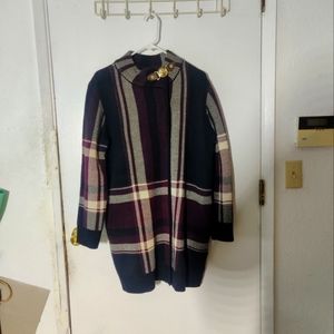 Dark Purple, Navy and White Plaid Sweater with High Neck and Gold Accent Clasp